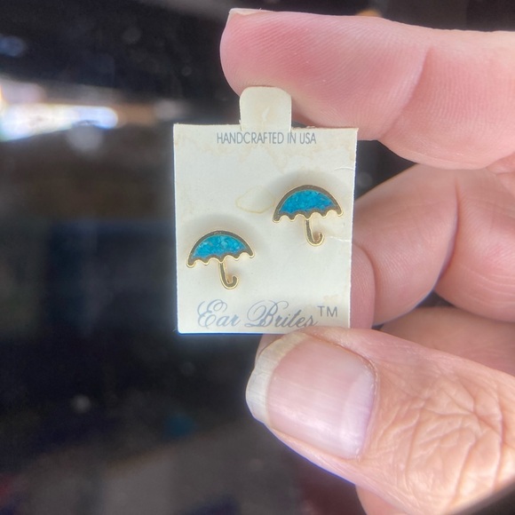Gold Tone and Blue Umbrella Earrings - Picture 1 of 2